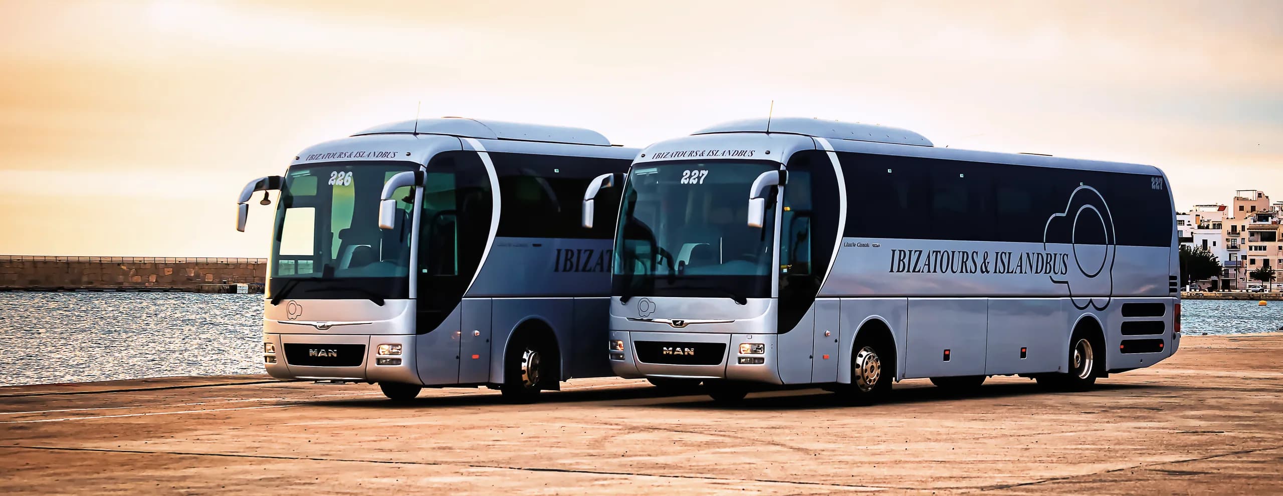 Two full-size coaches ready on the harbour front for a large group transfer in Ibiza