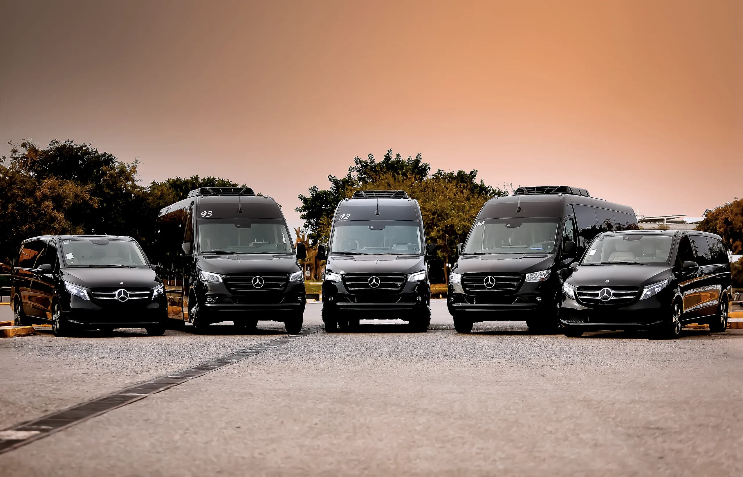 Five black Mercedes vehicles arranged as a fleet ready for a group movement